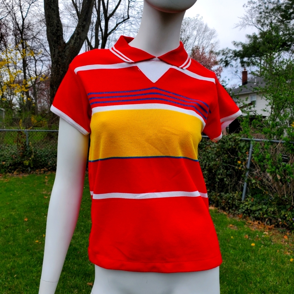 Vintage Color Block Blouse| Shirt Collar 1970s Retro Groovy S